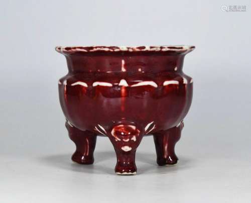 Jun porcelain heap red glaze carving beast leg edge censer12...