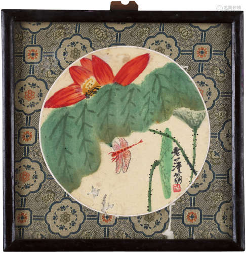 荷花蜻蜓图 1幅带镜框 绢本