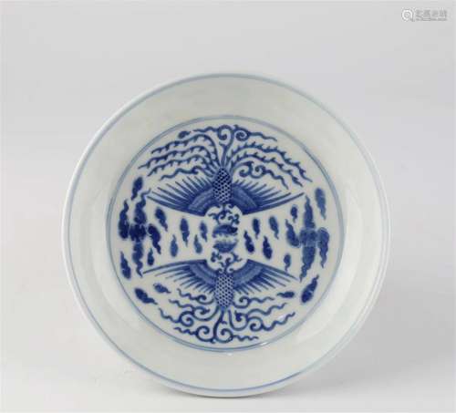 Chinese blue and white glazed phoenix pattern porcelain plat...