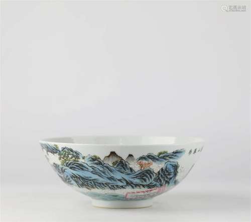 Chinese Fencai glazed mountain water pattern porcelain bowl,...