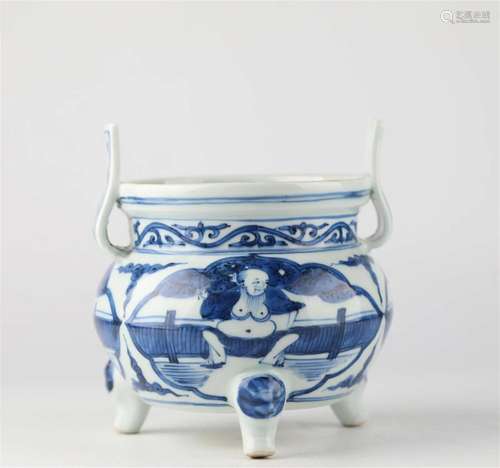 Ancient Chinese blue and white glazed porcelain incense burn...