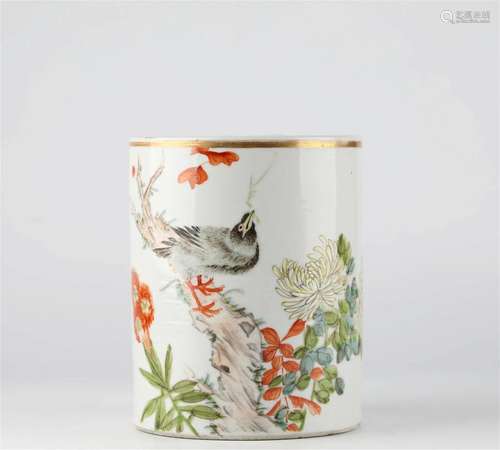 Jin Pinqing, Chinese flower and bird porcelain pen holder