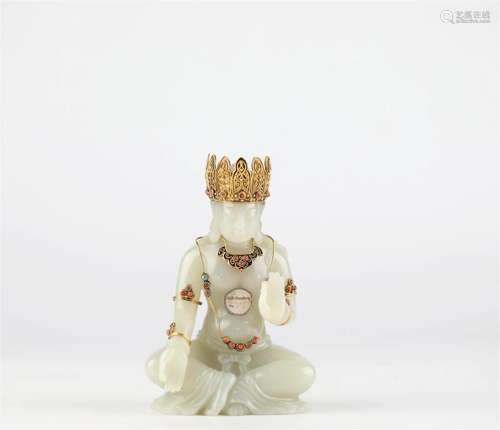 Chinese Hotan white jade and gold Buddha statue (court), 18t...