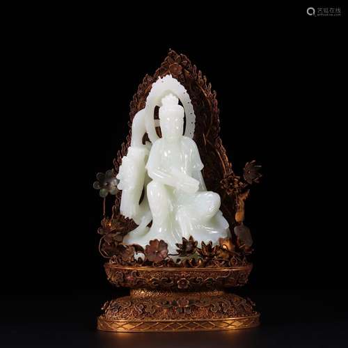 , hetian jade white jade guanyin silver gold base furnishing...