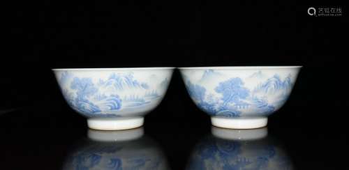 A pair of blue color landscape bowl x15.8 7.4 cm, 1800