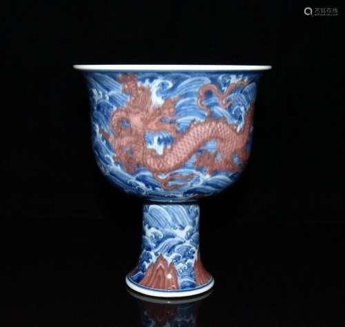 Blue and white youligong red sea water dragon grain goblet 1...