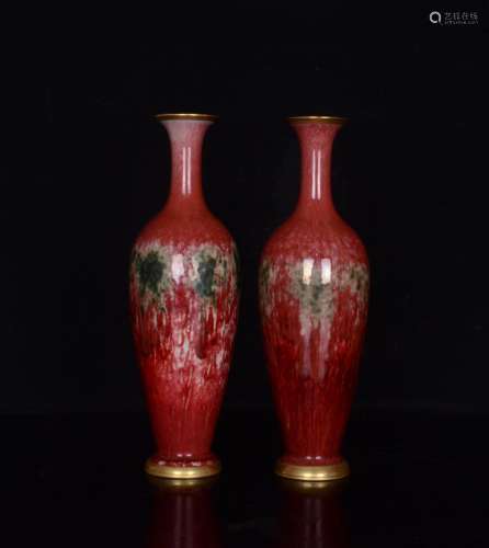 Cowpea red glaze gold goddess of mercy bottle a pair;24 by 8...