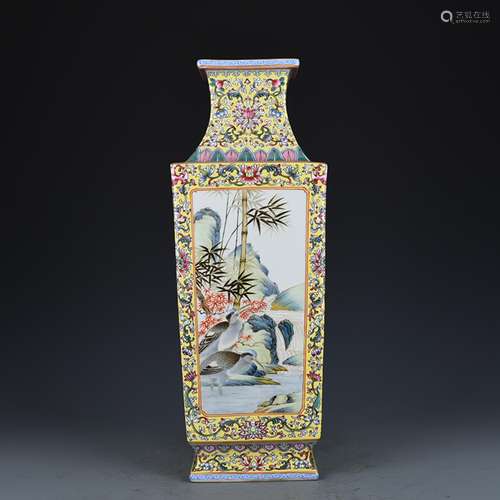 Yellow colored enamel vase medallion and flowers and birds i...