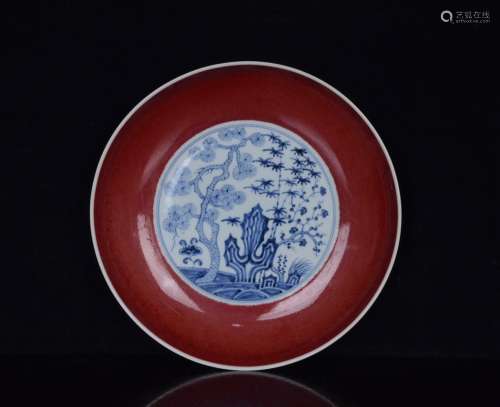 Zheng reward with the red glaze blue shochiku MeiWen plate;4...