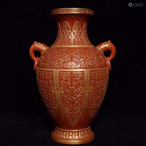 lacquer red dragon carving trunk bottle, high 29 20 diameter...