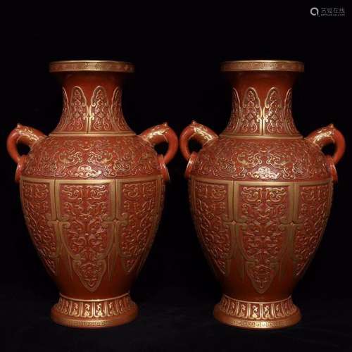 lacquer red dragon carving trunk bottle a pair, high 29 20 d...