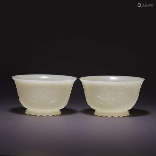 Hetian jade lotus green-splashed bowls a pair, size: diamete...