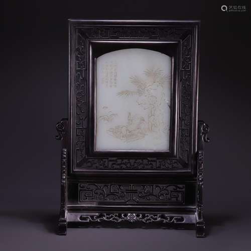 Lao hetian jade landscape poetry plaque, size: 37.5 cm, 17.5...