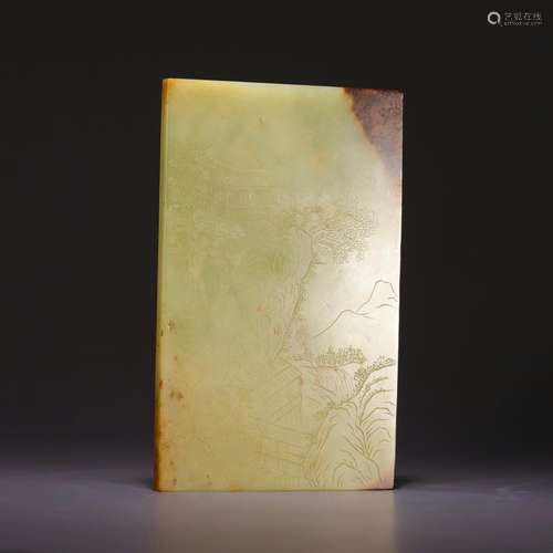 Hetian topaz intaglio landscape poetry plaque, size: 14 * * ...