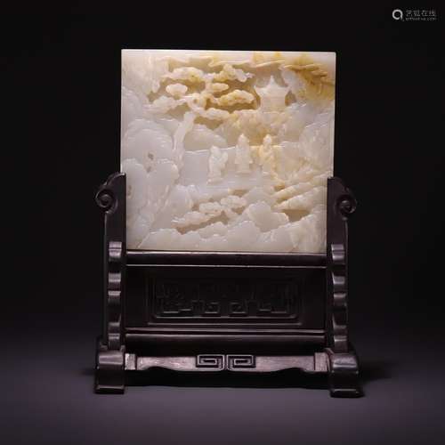 Lao hetian jade landscape character verse plaque, size: 23 c...