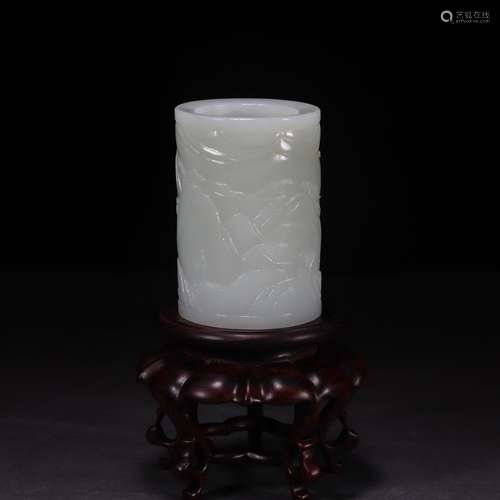 , hetian jade pen container is 7.9 cm diameter 5.5 cm weighs...