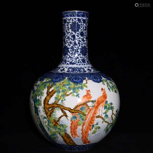 Blue and white enamel birds pay homage to the king wen tree,...