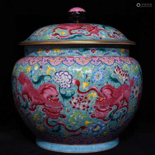 Colored enamel lion roll silk tank cover, high 37 diameter o...