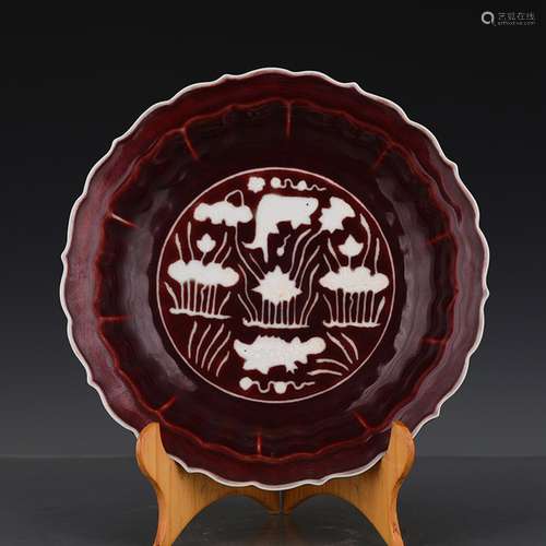 Ruby red glaze carved fish algae wen ling fold along the pla...