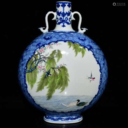 Blue and white add medallion ChunYan live lines flat bottles...