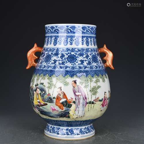 Blue and white enamel bamboo seven sages ears and 30 * 20 cm...