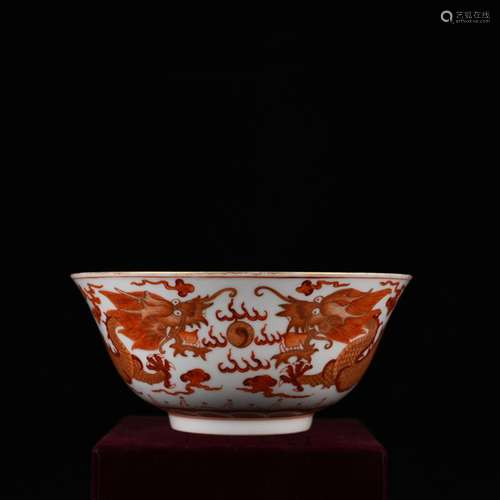 Alum red paint dragon playing pearl grain bowl of 7.5 cm * 1...