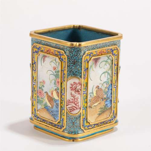 A CHINESE PAINTED-ENAMEL BRUSH POT