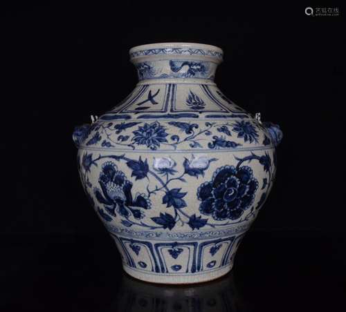 Blue and white on bound branch peony grains animal head pot;...