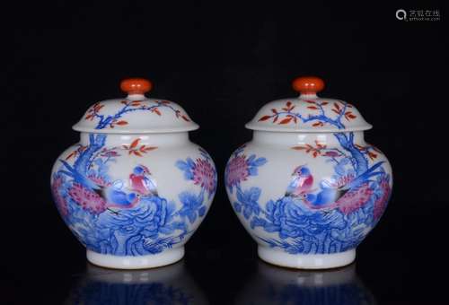 Cover pot a pair of blue color carmine and flowers and birds...