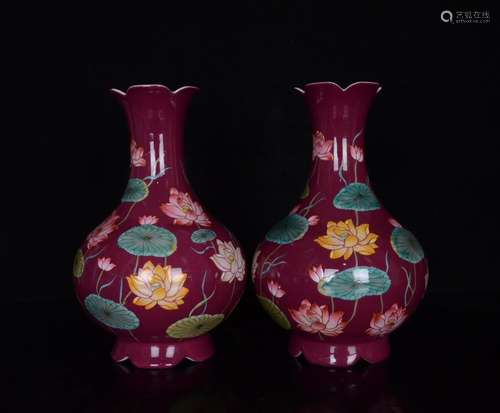 Carmine colored enamel lotus pattern flower bottle mouth a p...