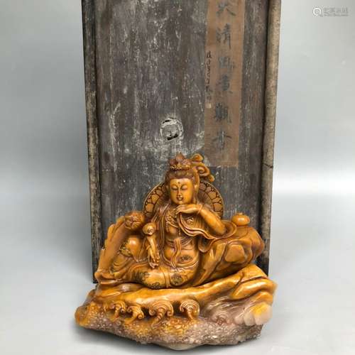 Wooden box filled up shoushan stone tian hand-carved ruyi gu...