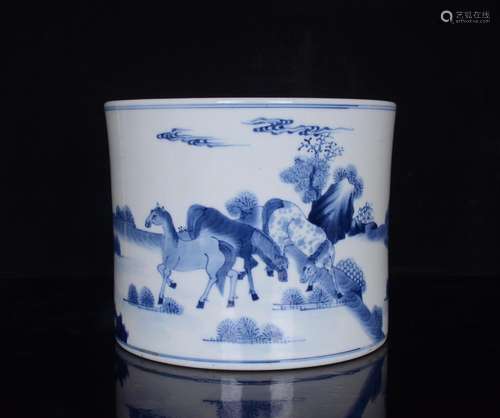 Blue and white eight jun figure pen container;16.3 x20.8;847...