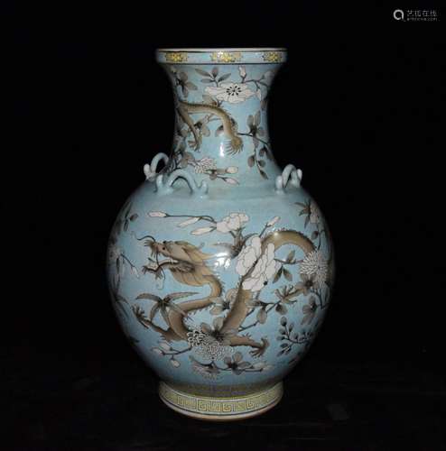 Great lent blue glaze on enamel dragon peony 49 x30cm 2400 e...