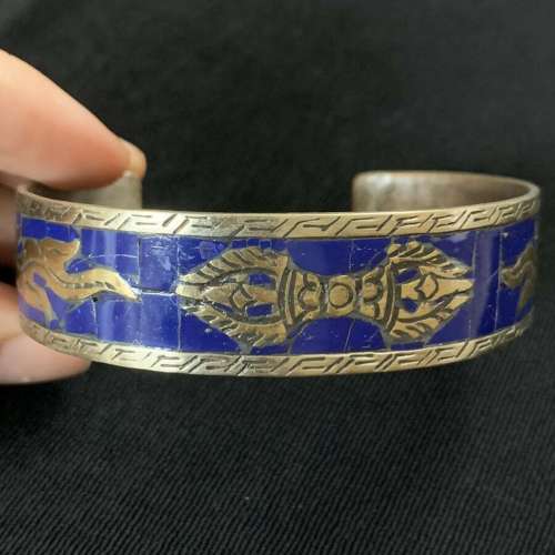 Vtg Asian Blue Inlaid Stone? Chinese Etched Wide Cuff Bracel...