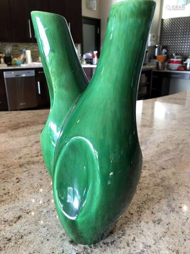 Fine Large Antique Lush Green Glaze AWAJI Double Vase 13”