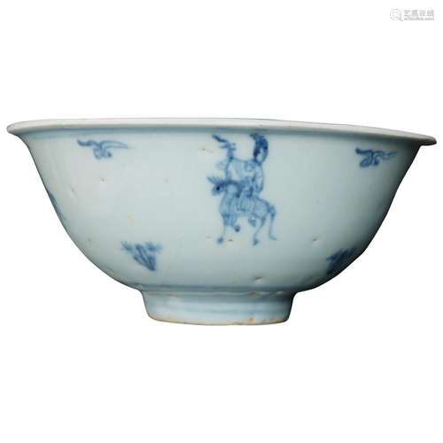 Chinese Ming Blue and White Bowl with Riders on Horses