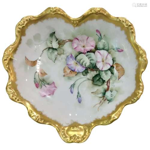 Heavily Gilded Coiffe Limoges Bowl with Morning Glories