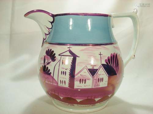 Large Pearlware Pitcher with Lustre and Enamel Band Decorati...