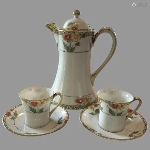 Early Noritake Beaded Nippon 6-piece Chocolate Set, HandPain...