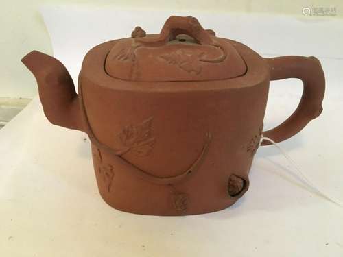 Vintage Chinese Zisha Clay Teapot with Enamel Relief of Grap...