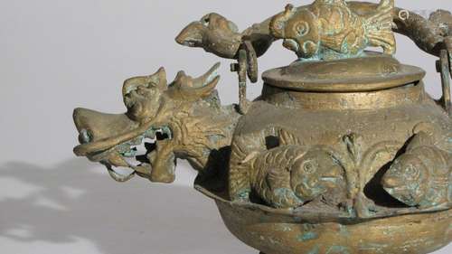 CHINESE ANTIQUE CAST BRONZE DRAGON TEA POT TEAPOT