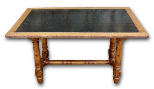 Carved Oak Library Table With Black Leather Top