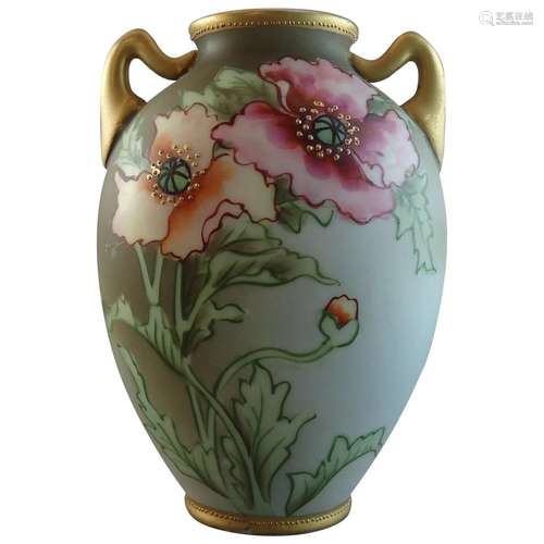 Antique Hand Painted Nippon Moriage Floral Vase Green M Wrea...