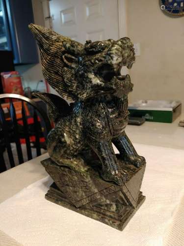 Dragon Citing Statue Hand Carving Sepertine Jade Green Black...