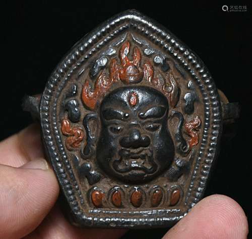 Old Tibet Buddhism Bronze Mahakala Buddha Head Statue GaWu B...