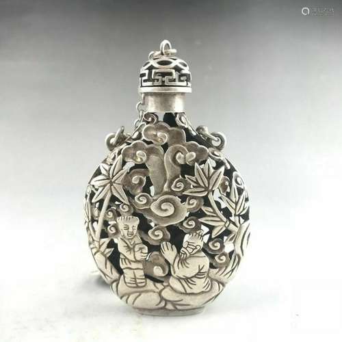 FINE CHINESE ANCIENT SILVER COPPER SNUFF BOTTLE HAND-CARVED ...