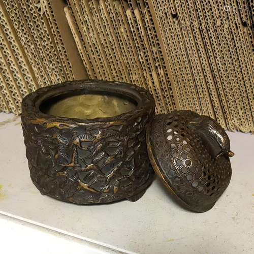 Archaic Antique Bronze carved myriad crane statue censer Inc...