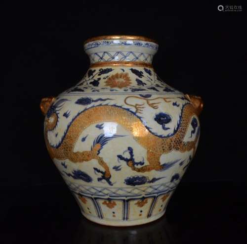 Blue and white paint dragon animal head pot;37 x35;846002176...