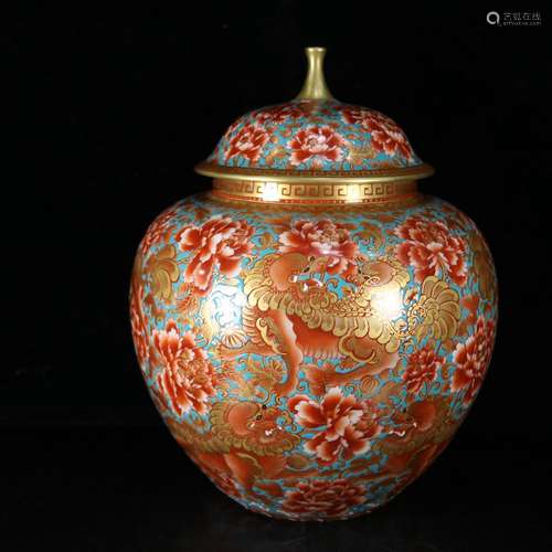 Colored enamel gold kirin cover pot flowers26 * 33 cm14000