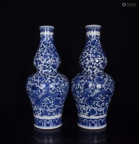 Gourd bottle a pair of blue and white tie up branch dragon g...